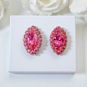 Vintage Vargas Pink Gold Tone Rhinestone Oval Screw Back Earrings.